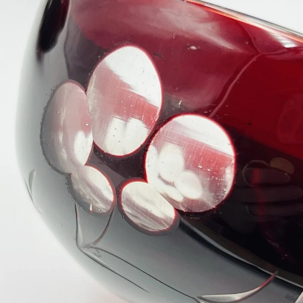 Set of‎ 7 Hand Blown Bohemian Ruby Cut to Clear Glass Bowls Floral Wheat Bubbles